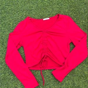 Heart Hips Bright Red Ruched Tie-Front Long Sleeve Top